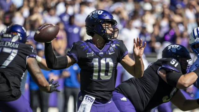 Oct 14, 2023; Fort Worth, Texas, USA; TCU Horned Frogs quarterback Josh Hoover (10) passes against the Brigham Young Cougars during the game at Amon G. Carter Stadium.